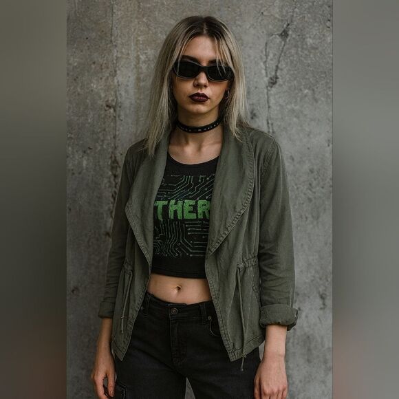 Olive Green Jacket Pistachio Green Tencel Drape M Mid Length Cyber Grunge - Picture 1 of 5